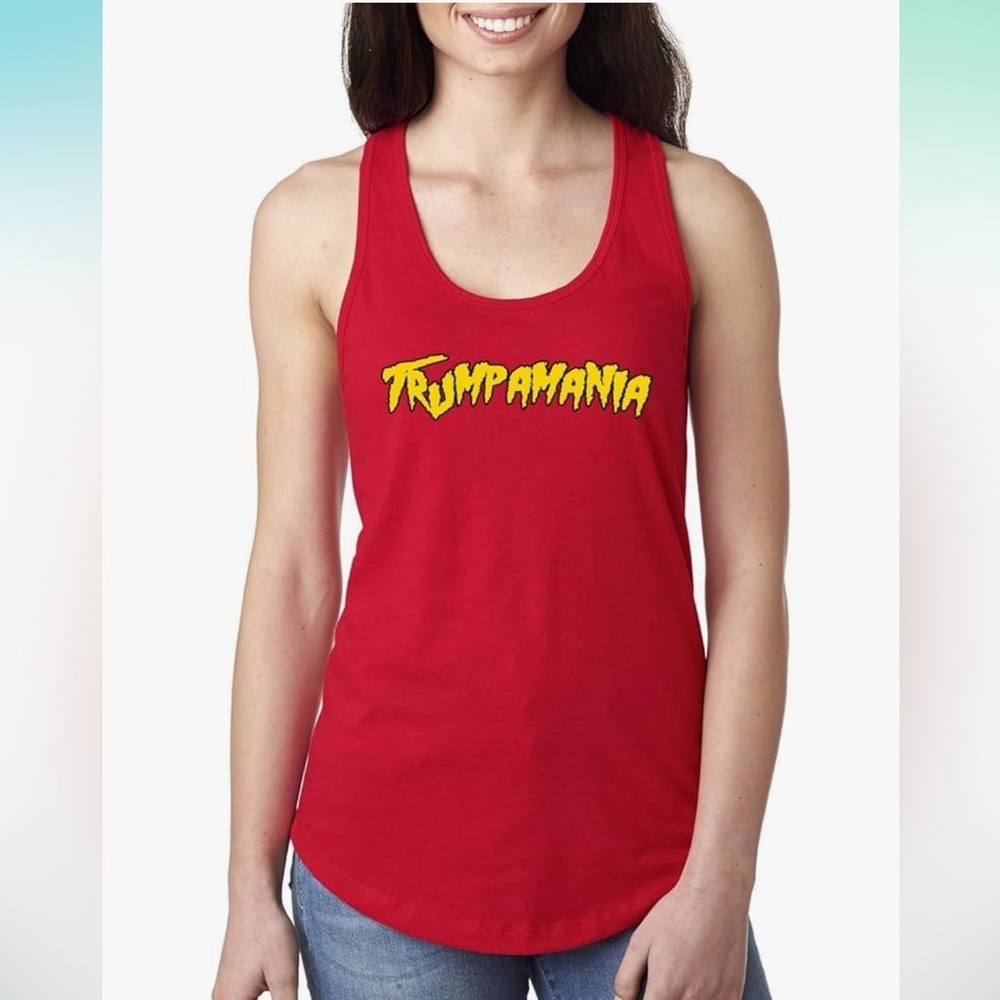 TRUMPMANIA Red Cotton Racerback Graphic Tank Top Size Large Patriotic Trump USA‎